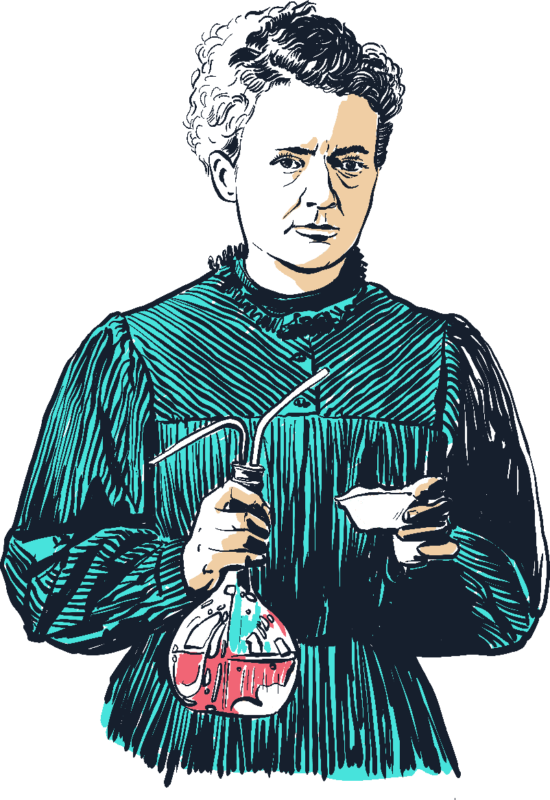 portrait de Marie Curie tenant une fiole a la main