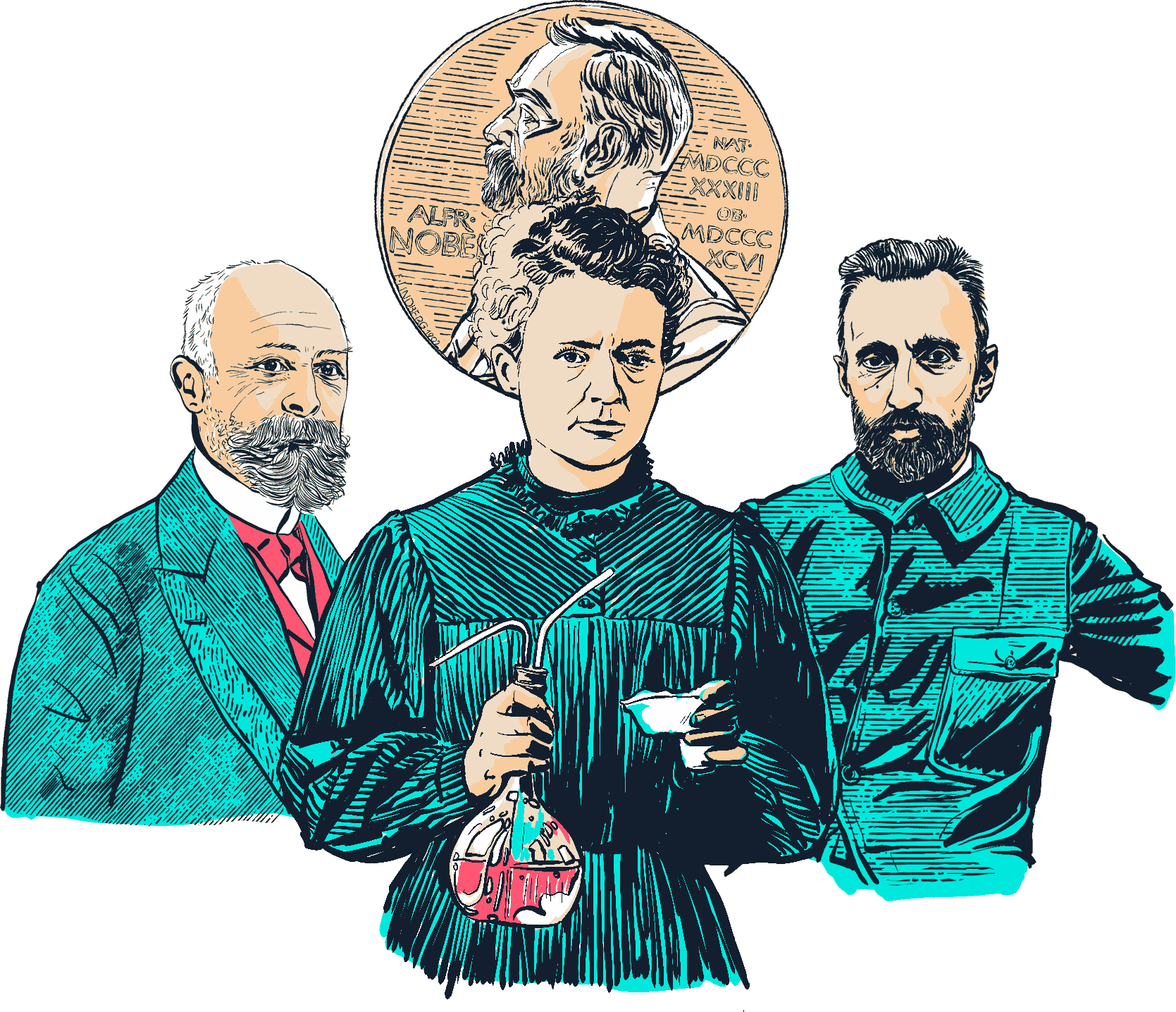 illustration de Marie Curie, Pierre Curie et Henri Becquerel autour d'une médaille de prix Nobel