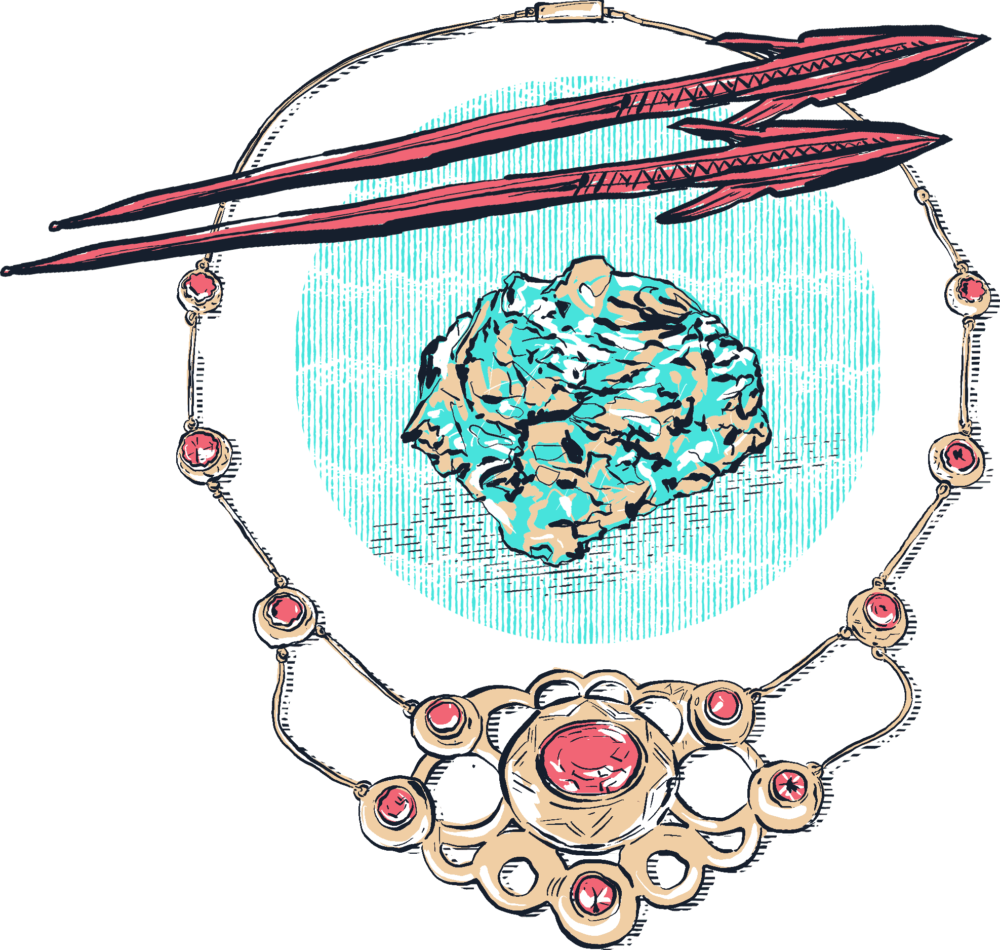 illustration contenant une flèche, un collier et un mineral au milieu