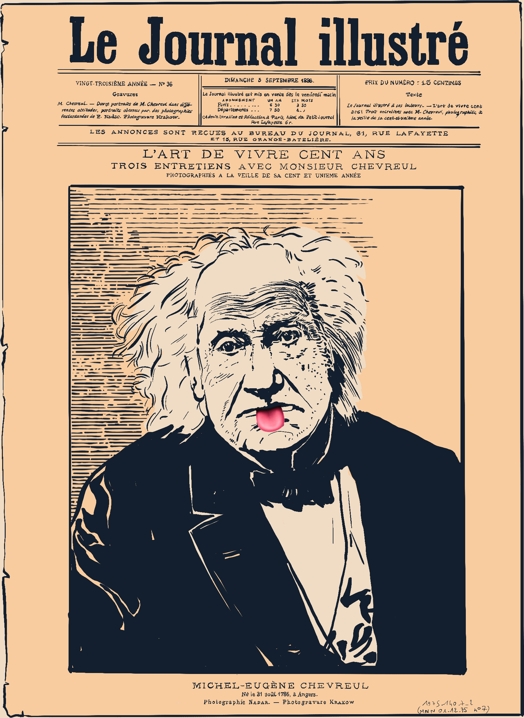 portrait du chimiste chevreul avec une langue tirée dessinée par dessus